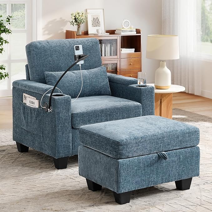 Small Chaise Lounge Chair Indoor with Ottoman&Adjustable Backrest,Chenille Tufted Recliner Comfy Sofa Chair with USB,Phone Holder&Storage Arms,Convertible Sleeper Couch Bed for Living Room(37"W,Blue)