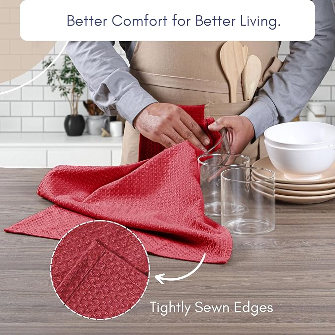 TWINY threads Waffle Dish Towel, 4 Pack, 16x26 Inch, Premium Large 100% Cotton Kitchen Linen Set, Absorbent Cloth for Drying Dishes, Cookware, Quick Drying, Reusable & Machine Washable Wash Rags, Red