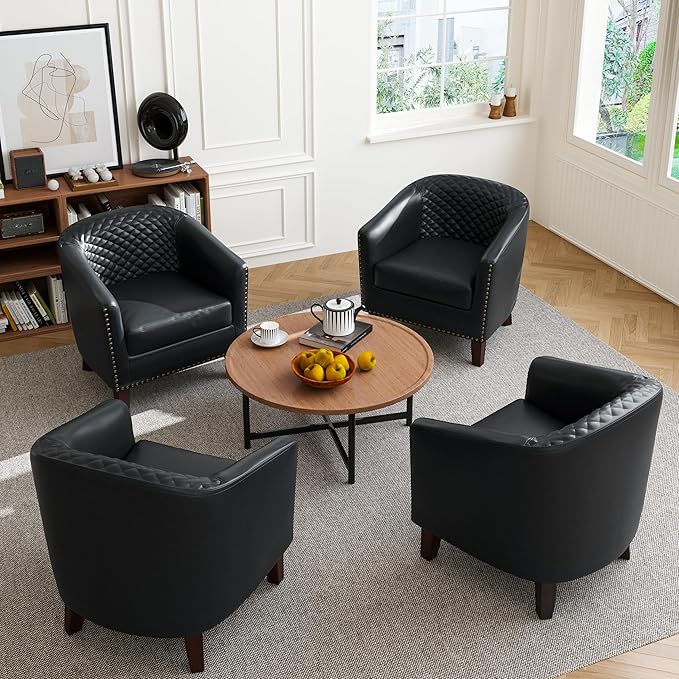Accent Barrel Chair, Upholstered Faux Leather Club Chair with Nailed Trim, Comfy Reading Armchair for Living Room Bedroom Reception Room Office (Black, Set of 4)