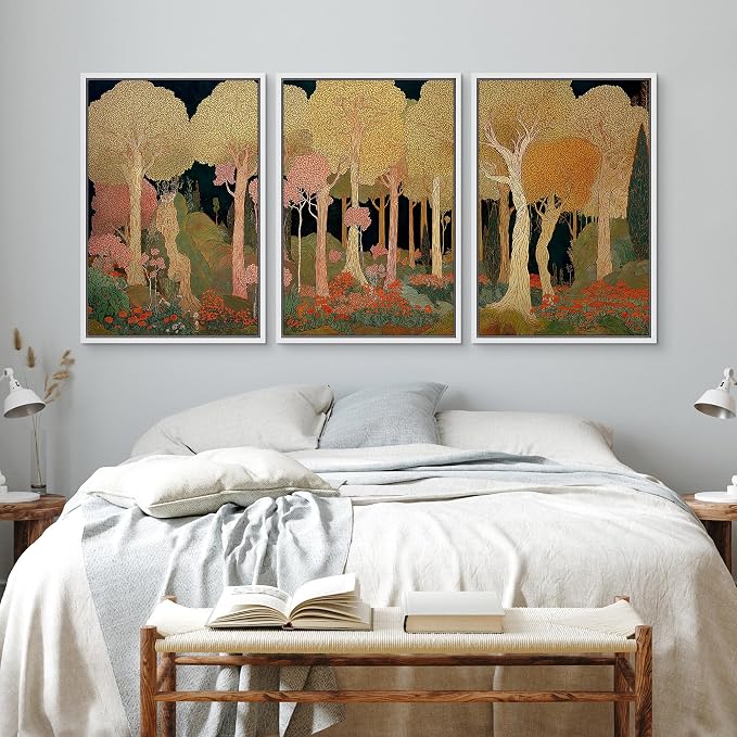 wall26 Framed Print Wall Art Set Art Nouveau Golden Forest Whimsical Vintage Tree and FloralDecorative Minimal Relax/Zen for Living Room, Bedroom, Office - 24"x36"x3 WHITE