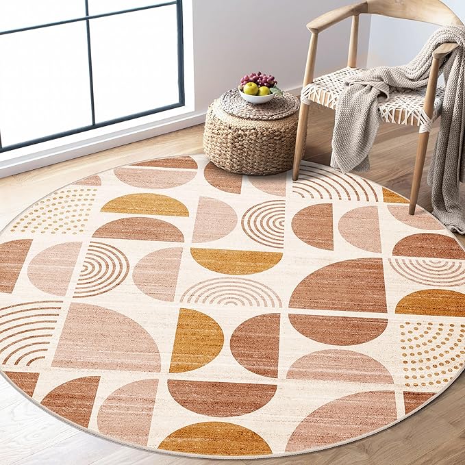 MUJOO Round Rugs 5ft,Circle Area Rug Washable,Circular Rugs for Living Room Dining Room,Boho Non Slip Throw Floor Carpet Modern Abstract Bohemian Orange