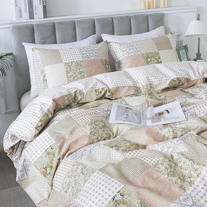 HoneiLife Duvet Dover King Size - 100% Cotton Comforter Cover, Patchwork Bedlinen Set with Zipper Closure & Corner Ties, 3-PC Rustic Comforter Cover Sets