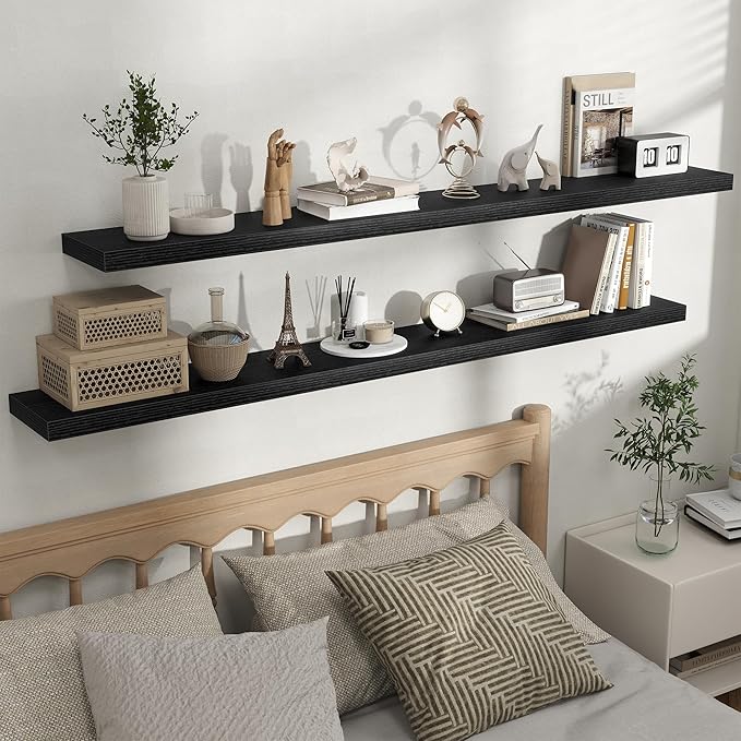 Fun Memories Floating Shelves for Wall, Rustic Wood Wall Mounted Shelves for Bathroom, Bedroom, Living Room & Kitchen, Storage Display Shelves, (Set of 2, Black, 66 in)