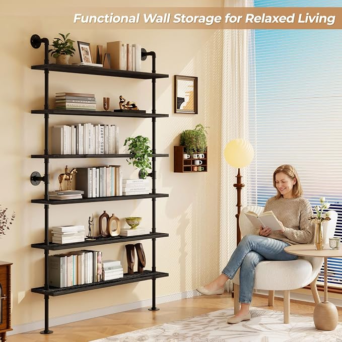 6 Tier Industrial Ladder Shelf Bookcase, Wall Mounted Rustic Bookshelf for Living Room Decor and Storage (Black, 6 Tier - 10" D x 48" W x 82.5" H)