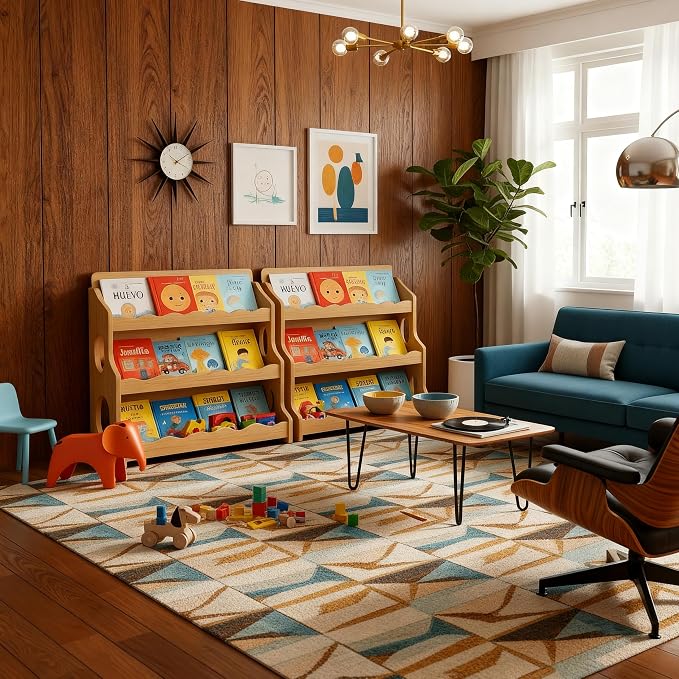 Kids Bookshelf Wooden Montessori Book Shelf Dutch Design 3Tier Scalloped,NaturalMapleWood GrainPattern
