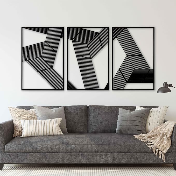 3D Geometric Wood Wall Art Set of 3, Abstract Architectural Line Panels, Mid Century Modern Minimalist Wooden Wall Decor, New Home Gift for Living Room and Bedroom