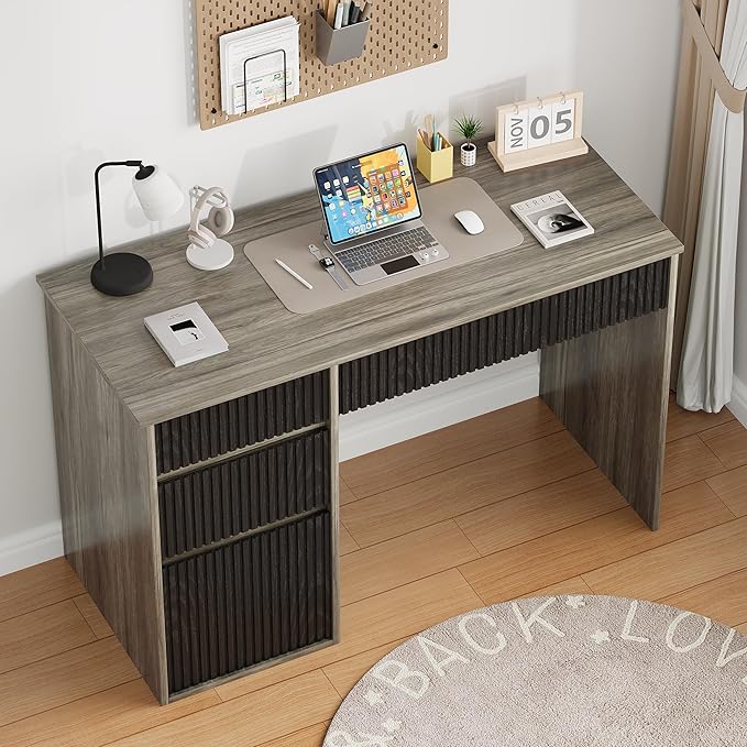 4 EVER WINNER Computer Desk with Drawers, 48 Inch Small Desk with Drawers and Storage Cabinet, Wood Desk with Hidden Handle for Living Room, Bedroom, Home Office Desk for Small Spaces, Grey