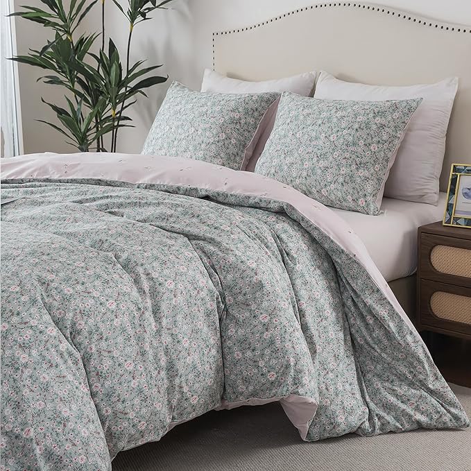 HoneiLife Cotton Floral Duvet Cover Sets, Light Green with Zipper Closure & Corner Ties, 3-Piece Soft & Breathable Comforter Covers Queen Size