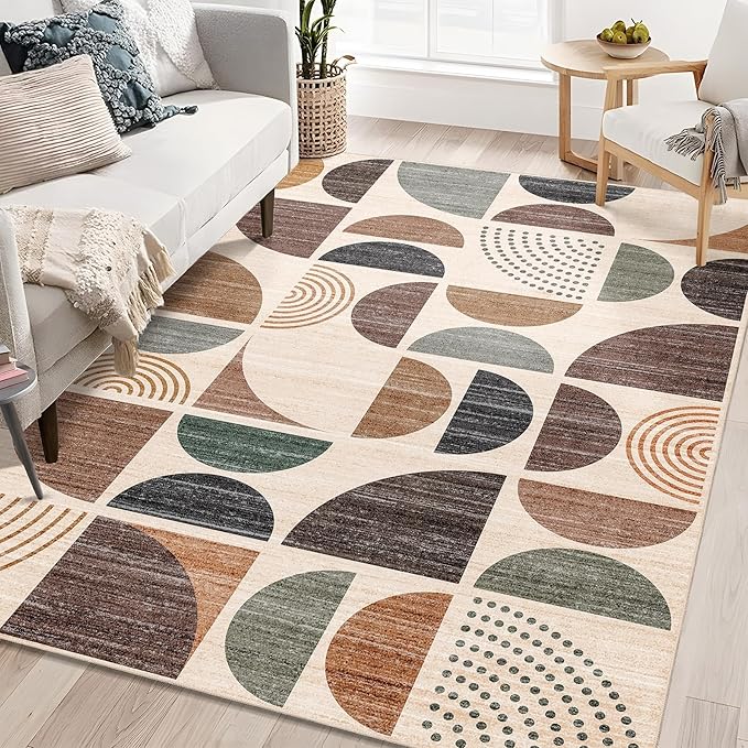 MUJOO 5x7 Area Rugs Washable,Boho Rugs for Living Room Bedroom Play Room,Large Throw Floor Carpet Non Slip Soft Modern Abstract Brown