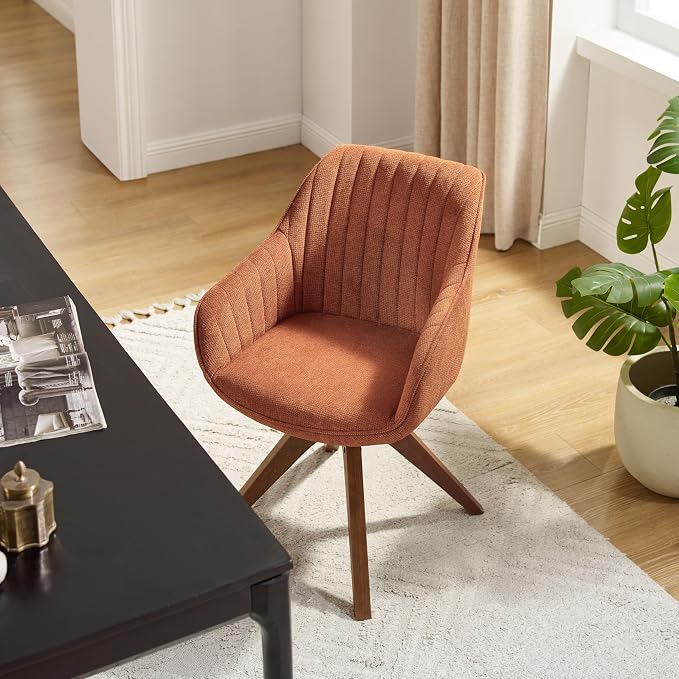 Art Leon Desk Chair No Wheels, Mid Century Modern Office Chair, Swivel Accent Chair with Oak Wood Legs, Fabric Upholstered Arm Chair, Caramel