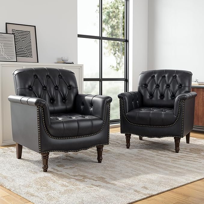 Faux Leather Club Chairs Set of 2, Retro Upholstered Armchair Accent Chair with Solid Wood Legs & Nailhead Trim for Living Room/Reading Room, Blue Black