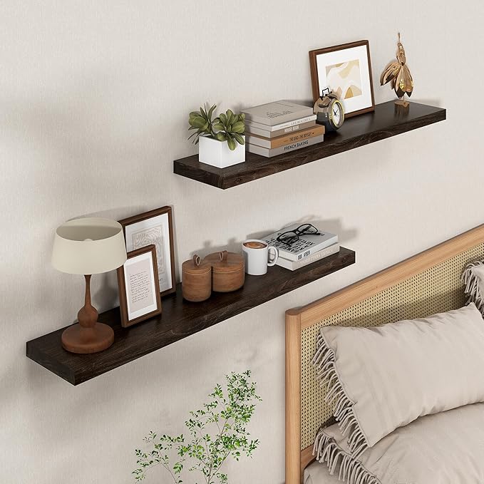 Axeman Floating Shelves for Wall, Rustic Elm Wood 56'' W x 8" D Wall Shelf with Invisible Bracket, Large Long Wall Mounted Storage Shelves for Living Room, Bedroom, Kitchen, Bathroom Decor, Walnut