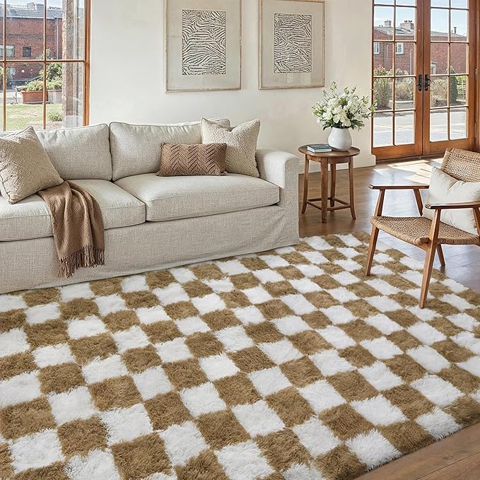 Checkered Rug 5x7 for Living Room, Beige and White Modern Shag Rug Super Soft Washable Indoor Fuzzy Carpet Non-Slip Fluffy Rugs for Bedroom Home Aesthetic Decor