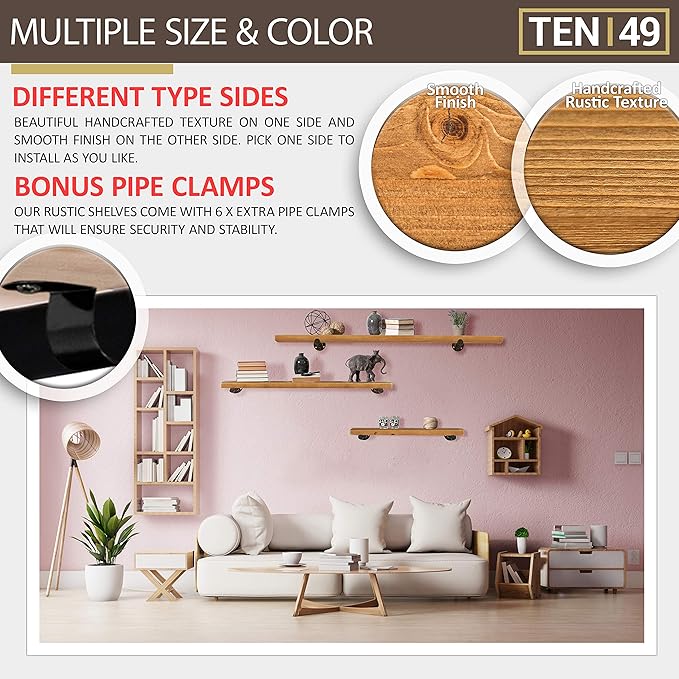TEN49 Real Wood Rustic Floating Shelves Wall - 48 Wide Small Wooden Industrial Pipe Shelving - Farmhouse Pipe Wall Shelves Furniture Bathroom Decor Art Shelf Kitchen - Light Walnut Color - Set of 2