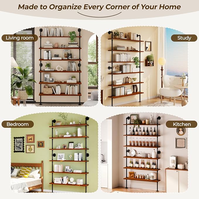 6 Tier Industrial Ladder Shelf Bookcase, Wall Mounted Rustic Bookshelf for Living Room Decor and Storage (Walnut Color, 6 Tier - 10" D x 48" W x 82.5" H)