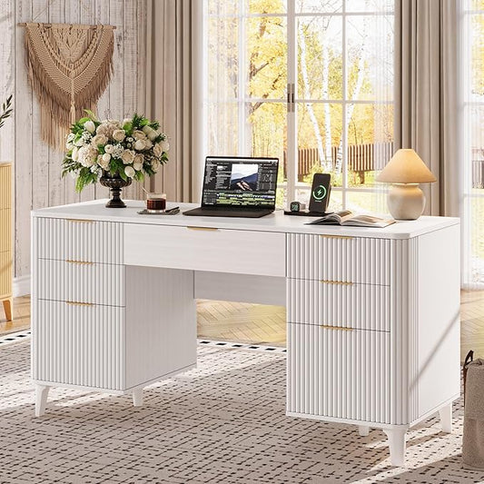 55.1" Fluted Executive Desk with Drawers, White Desk with Storage Cabinet, Home Office Desk with Charging Station, Farmhouse Desk with File Cabinet for Office Home