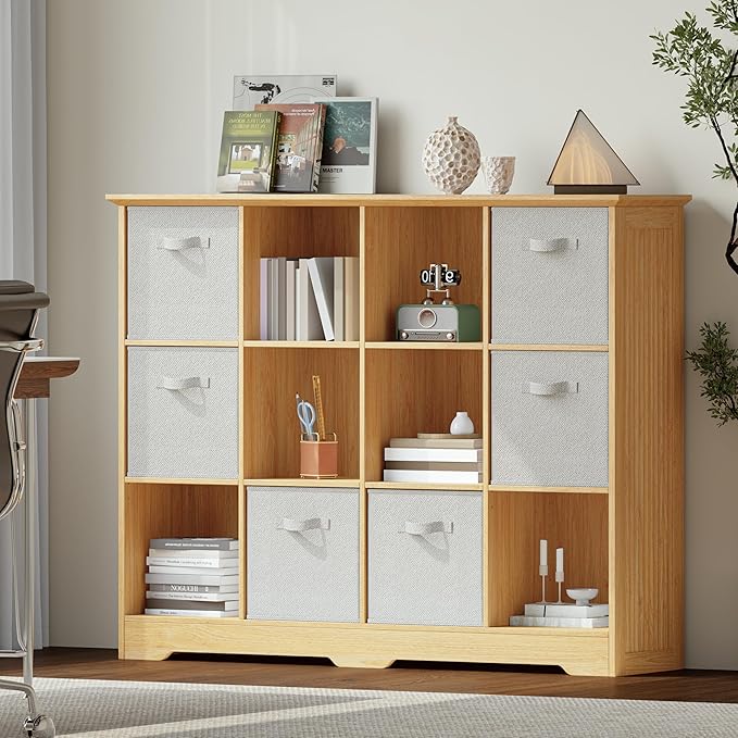 VORONOI 12 Cube Storage Organizer with 6 Fabric Drawers and Removable Shelves — Modular Cube Bookshelf for Bedroom, Living Room, or Home Office, Short Cube Bookcase for Toys, Decor,Natural Wood