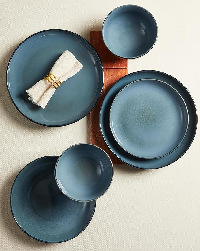 24 Piece Dinnerware Set for 8, Santorini Mist Terracotta Plates and Bowls Sets, Complete Stoneware Dish Set for Large Families and Entertaining, Microwave & Dishwasher Safe, Jeans Blue