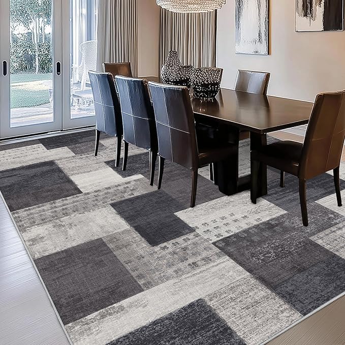 Modern Geometric Patchwork Indoor Area Rug for Living Room, Charcoal 10'x 14' Large Rug Rockwood Collection Hardwood Floors Decor for Bedroom, Grey Throw Carpet for Office Entryway Dining Room