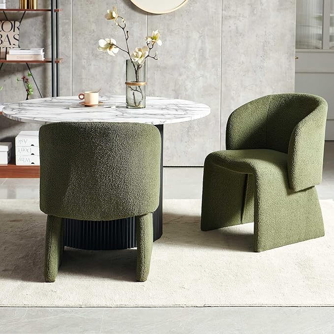 NORDICANA 5-Piece Round Dining Table Set for 4, Modern 47-Inch Kitchen Table and Chair Set, Dining Set with Dark Green Upholstered Armchairs, Manufactured Wood Top with White Marble Effect Finish