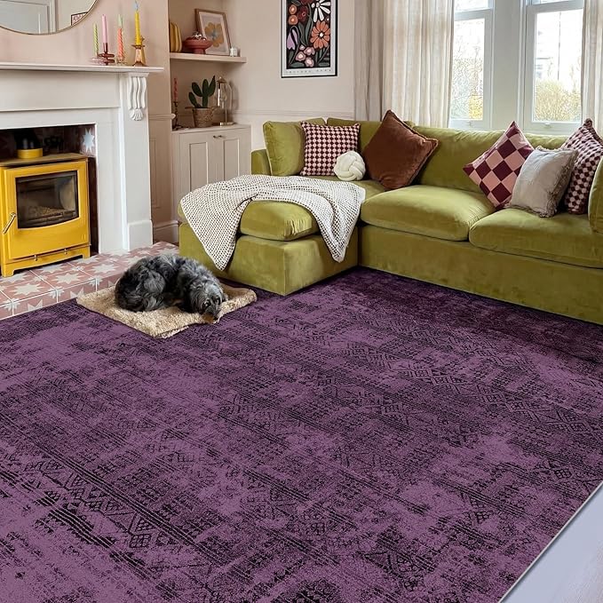 Kokia Abstract 8x10 Area Rugs Living Room Washable Low Pile Non-Slip Indoor Decor Purple Carpet Foldable Stain Resistant Ombre Rugs Bedroom Dining Room, Oslo Plum