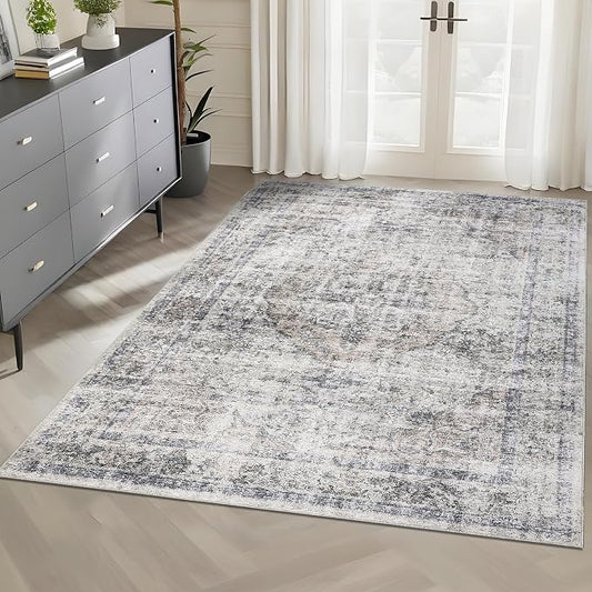 Washable 5x7 Area Rugs for Living Room Low Pile Boho Small Carpet Soft Bedroom Rug Vintage Distressed Indoor Rugs Non Shedding Thin Retro Carpet for Kitchen Nursery Dining Room, Beige