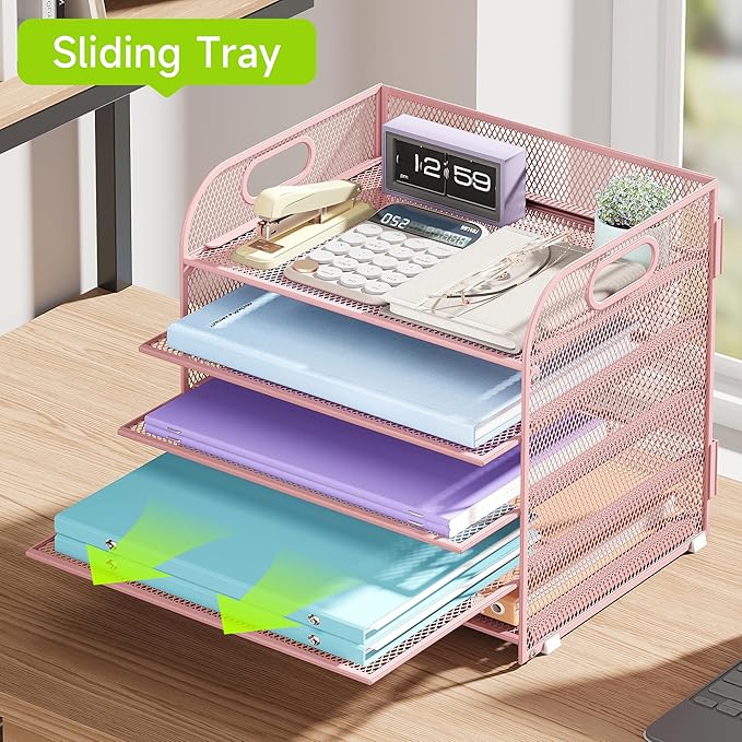 5 Tier Paper Organizer with Handle, Pink Metal Mesh Desk Organizer File Folder Paper Letter Tray Desktop Document Sorter for Classroom, School, Office Accessories Organization and Storage