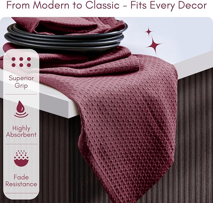 TWINY threads Kitchen Towels Set of 6, 100% Cotton Waffle Weave Easter Dish Towels, Soft Tea Towels with Hanging Loop, Washable Bar Towels for Table Cleaning, Dinning, Parties- 16"X 26"-Burgundy Wine