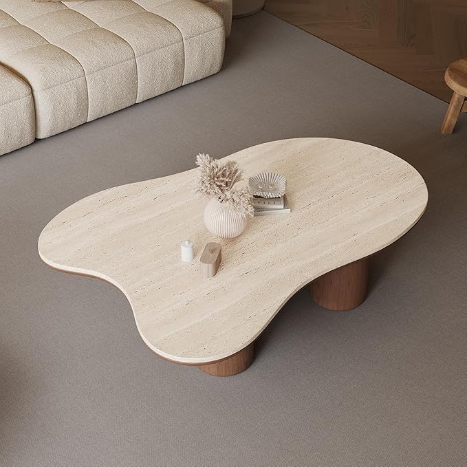 Cloud Shape Coffee Table, Walnut Wood Coffee Table for Living Room, Irregular Indoor Tea Table, 48.4" Modern Home End Table with 4 Legs(Stone, Brown)