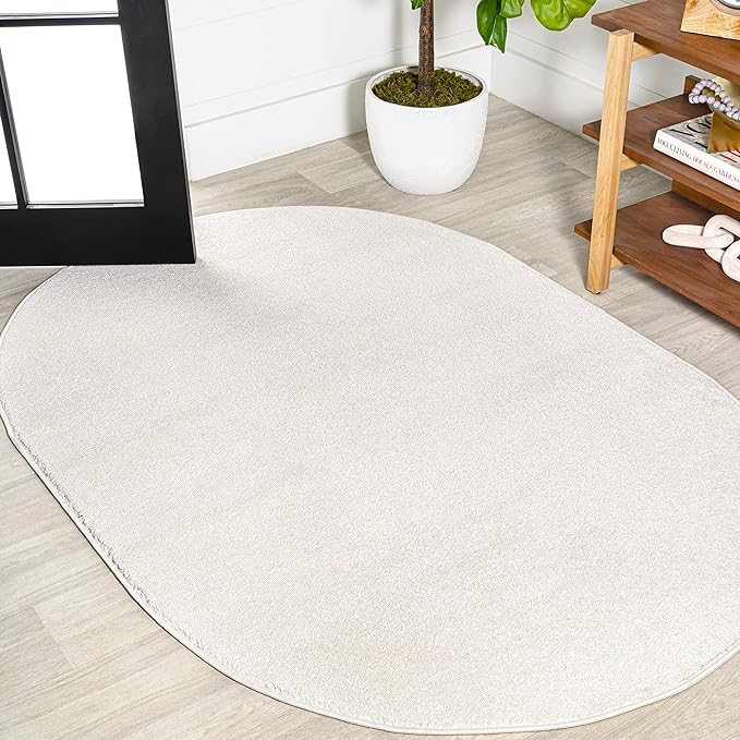 JONATHAN Y Haze Solid Low-Pile Cream 5x8 Oval Indoor Area Rug, Coastal,Bohemian,Minimalist,Classic, Easy-Cleaning for Living Room,Bedroom,Kitchen,Pet Friendly,Non-Shedding (SEU100T-5OV)