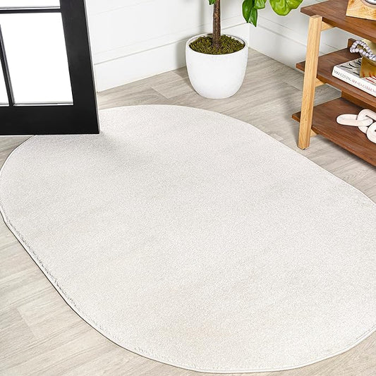 JONATHAN Y Haze Solid Low-Pile Cream 5x8 Oval Indoor Area Rug, Coastal,Bohemian,Minimalist,Classic, Easy-Cleaning for Living Room,Bedroom,Kitchen,Pet Friendly,Non-Shedding (SEU100T-5OV)
