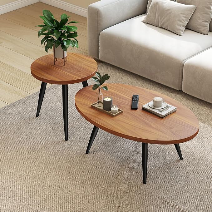 2-Piece Nesting Coffee Table Set, Oval & Round Mid-Century Modern Side Tables with MDF Tabletop & Metal Tapered Legs, Accent Table Set for Living Room, Small Spaces, Walnut