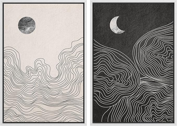 IDEA4WALL Framed Canvas Print Wall Art Set Watercolor Pastel Duotone Sun Moon Abstract Nature Illustrations Modern Art Chic Landscape Neon for Living Room, Bedroom, Office - 16"x24"x2 White