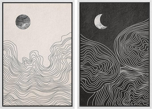 IDEA4WALL Framed Canvas Print Wall Art Set Watercolor Pastel Duotone Sun Moon Abstract Nature Illustrations Modern Art Chic Landscape Neon for Living Room, Bedroom, Office - 16"x24"x2 White