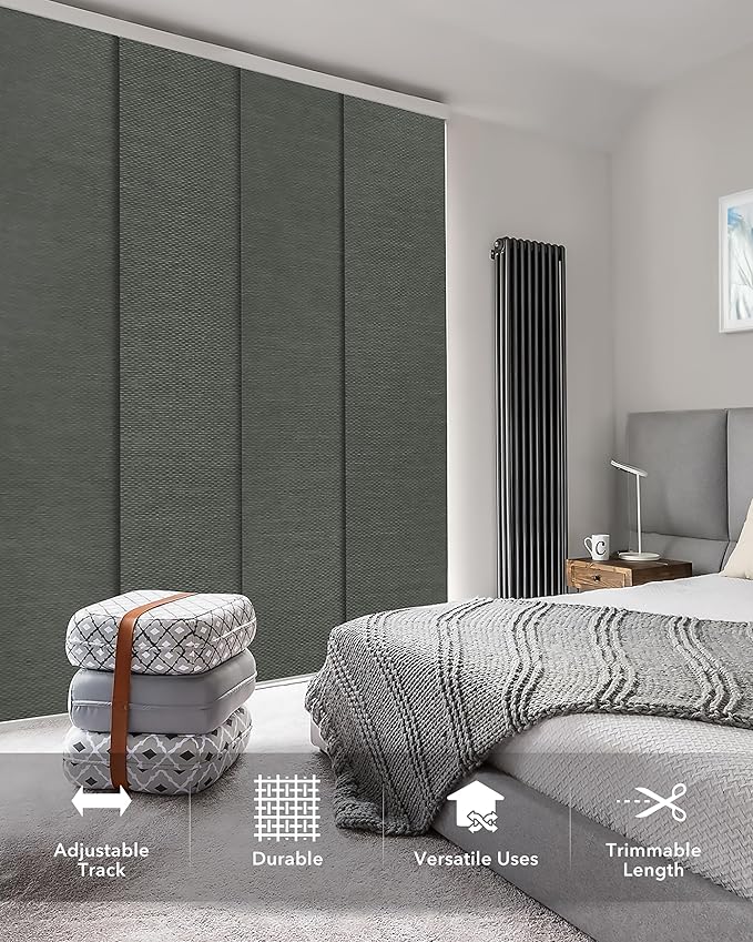 GoDear Design Shimmering Adjustable Sliding Panel Track Blinds, Vertical Window Blinds, Patio Door Blinds, Extendable Track from 45.8" to 86" W, Trimmable Panel Curtains Up to 96", Obsidian