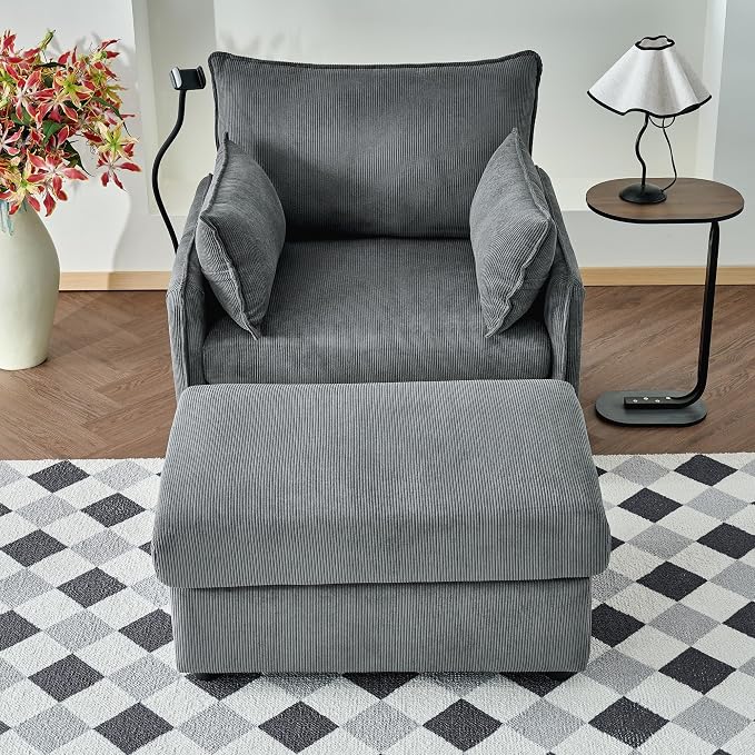 55" Modern Accent Chair with USB Ports, Storage Ottoman & Adjustable Holder, Corduroy Chaise Lounge for Reading in Apartment Living Room (Grey)