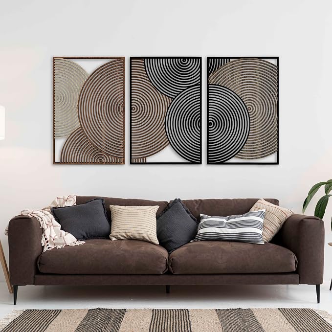 Textured Wood Wall Art with Modern Overlapping Circle Design, Mid Century Wall Panels, Abstract Geometric Wooden Decor, Boho Home Gift for Living Room and Bedroom