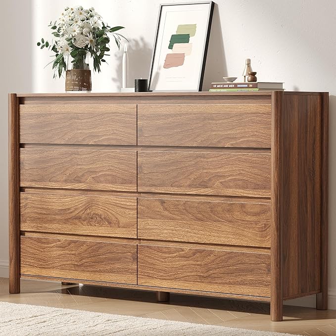CHUWELL Dresser for Bedroom，55" Wide Mid Century Chest of Drawers with 8 Large Storage Space and 4 Solid Wood Cylindrical Legs,8 Drawer Large Dresser for Bedroom(Walnut)