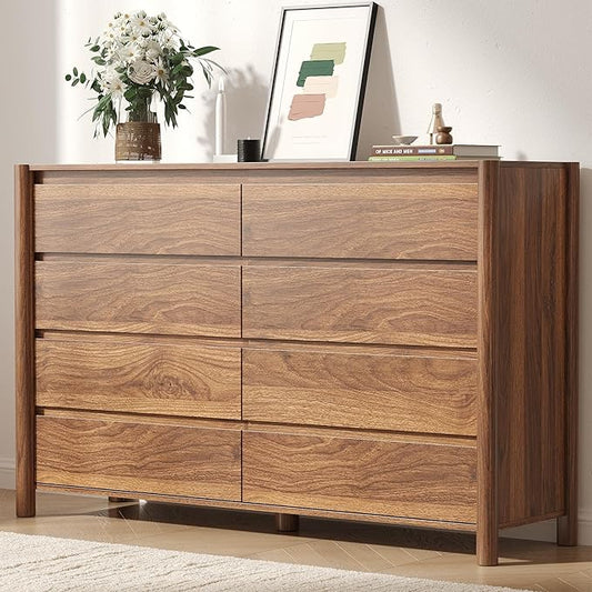CHUWELL Dresser for Bedroom，55" Wide Mid Century Chest of Drawers with 8 Large Storage Space and 4 Solid Wood Cylindrical Legs,8 Drawer Large Dresser for Bedroom(Walnut)