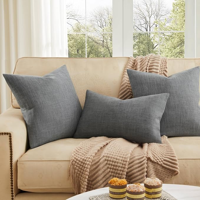 ZeeMart Rustic Cotton Linen Throw Pillow Covers Set of 2, 18x18 Inch Dark Grey, Farmhouse Style Decorative Couch Pillow Cases Cushion Covers for Sofa Bed Living Room Home Decor