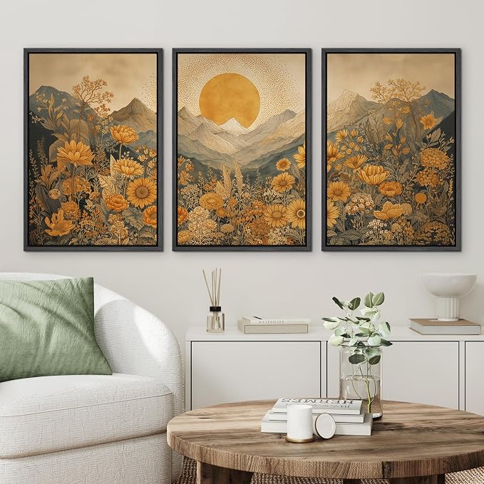 wall26 Framed Print Wall Art Set Boho Sunflower Mountain Vintage Yellow Floral and LandscapeDecorative Minimal Relax/Zen for Living Room, Bedroom, Office - 24"x36"x3 BLACK