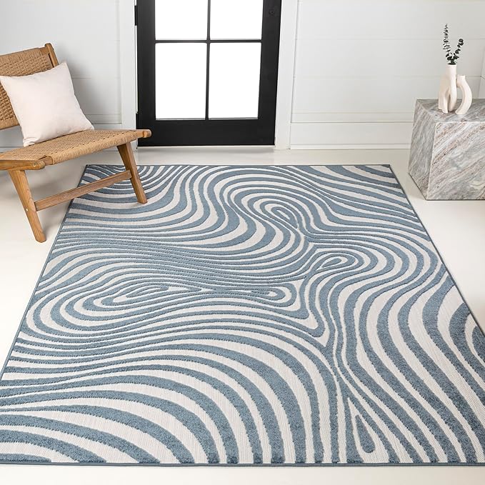 JONATHAN Y Maribo High-Low Abstract Striped Dark Blue/Cream 5x8 Indoor/Outdoor Area Rug for Patio, Backyard, Living Room, Bedroom, Office, Hose-Washable (SCN103E-5)