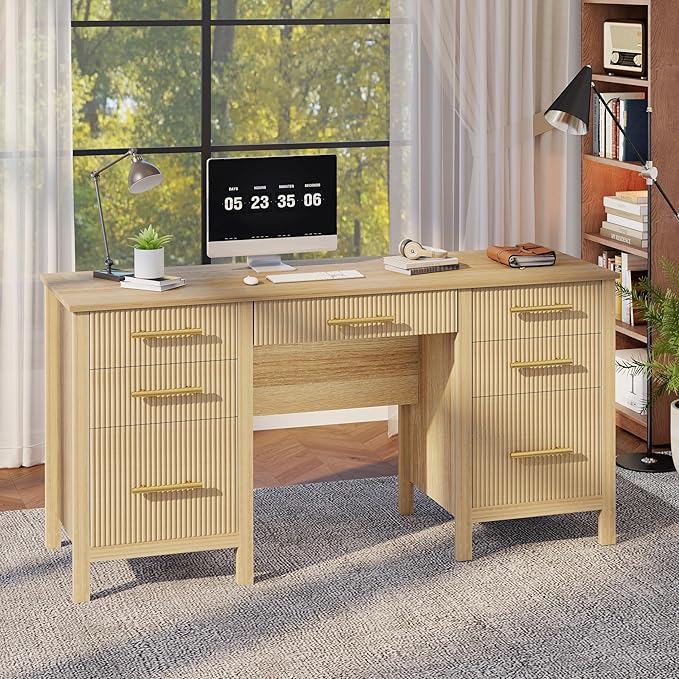 Executive Desk with Drawers: 60" Oak Desk with File Cabinet, Home Office Desks with Storage, Modern Desks with File Drawer, Fluted Wood Computer Table (60")