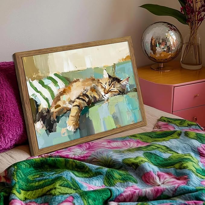 Vintage Abstract Cat Canvas Wall Art, Cute Tabby Cat Sleeping on Sofa Poster, Impressionist Oil Painting Style Picture Prints, Modern Funny Wall Decor for Living Room Bedroom Kids Room 16x24in Frame