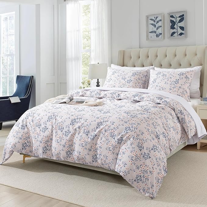 HoneiLife Cotton Duvet Cover Queen - Floral Comforter Cover 3-PC, Soft & Breathable Flower Bedding Duvet Cover Sets with Zipper Closure & Corner Ties, Wildflower Comforter Cover Sets, Blue Leaves
