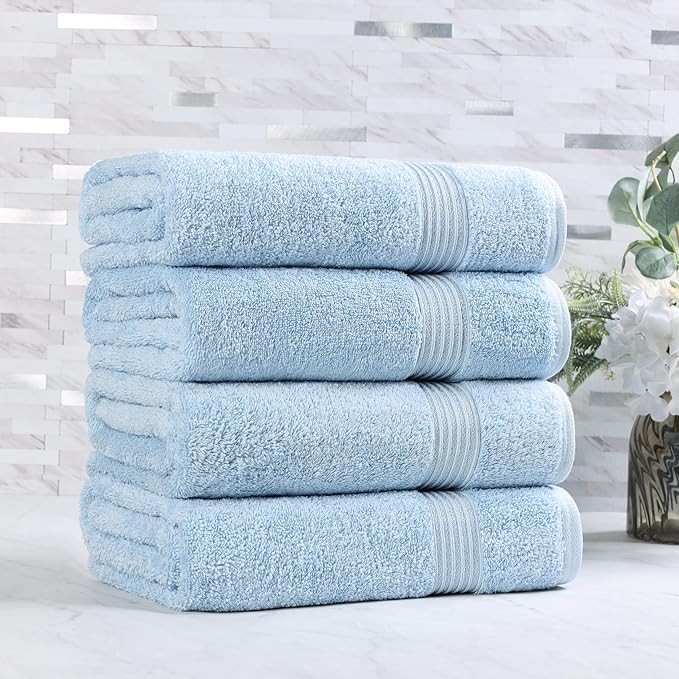 Superior Heritage Egyptian Cotton Bath Towel Set, Large Body Towels for Home Bathroom, Master, Guest Bath Decor, Plush, Absorbent Basics, Spa, Hotel, Resort, Luxury Essentials, Set of 4, Light Blue