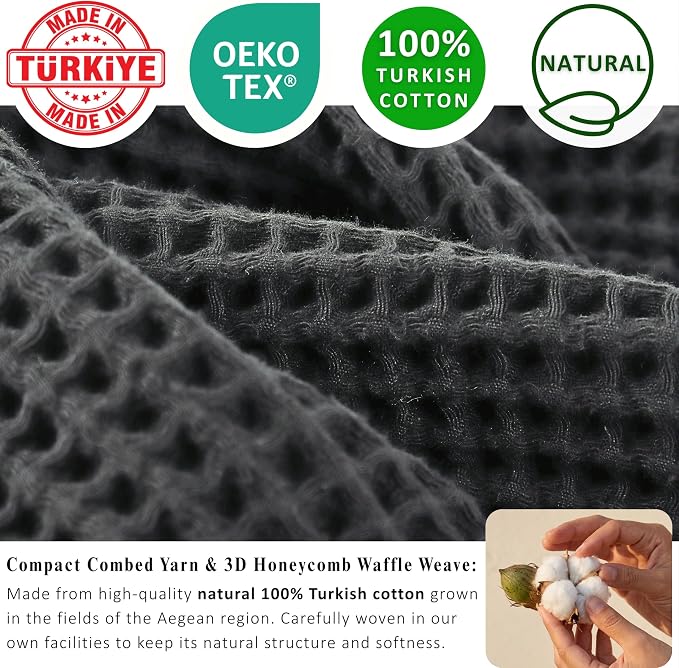 PÜSKÜL Natural 100% Turkish Cotton Waffle Kitchen Towels Set of 3 | Oeko-Tex, Premium Waffle Hand Towels for Bathroom | Soft Absorbent Quick-Dry Lint-Free Dish Towel Large 32x16 inch (3, Dark Gray)