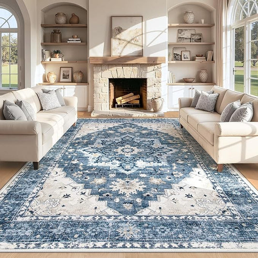 Area Rug 8x10 Vintage Rug: Large Washable Indoor Medallion Rugs Low Pile Distressed Floor Carpet Retro Accent Rug for Living Room Bedroom Kitchen Dining Table Home Office(Blue, 8'x10')