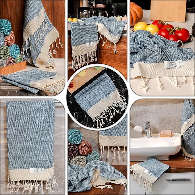 Hand Towels - Set of 2 | 18" x 30" - Decorative Turkish Hand Towel for Bathroom, Kitchen, Guest, Face, Hair, Tea, Dishcloth (Herringbone, Baby Blue)