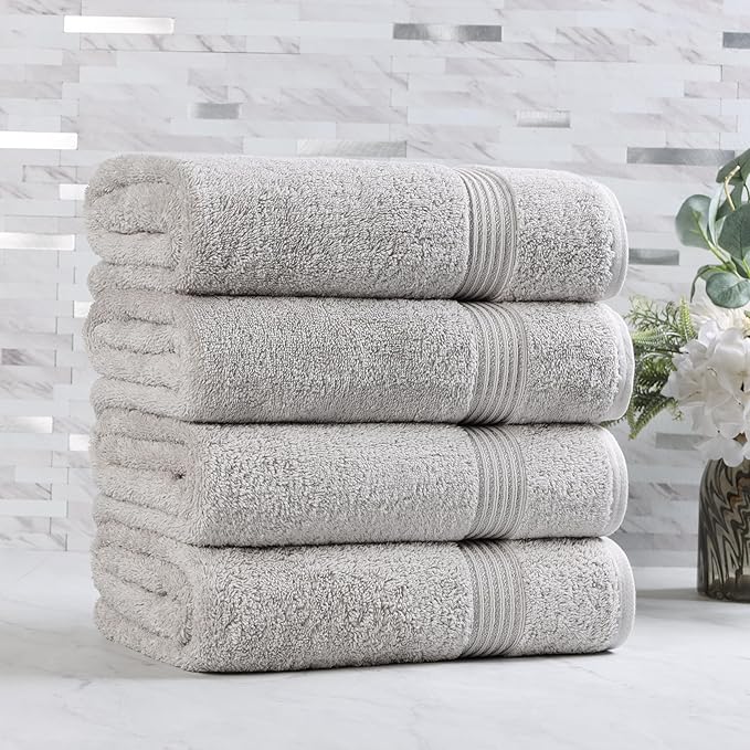 Superior Heritage Egyptian Cotton Bath Towel Set, Large Body Towels for Home Bathroom, Master, Guest Bath Decor, Plush, Absorbent Basics, Spa, Hotel, Resort, Luxury Essentials, Set of 4, Silver